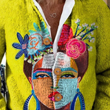 ONA | CARDIGAN BOUTONNÉ IMPRESSION ARTISTIQUE PORTRAIT PEINTURE À L'HUILE