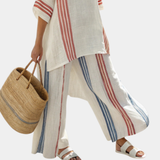 Béatrice | haut à rayures multicolores sophistiqué et pantalons méditerranéens