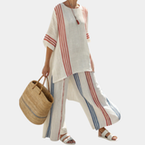 Béatrice | haut à rayures multicolores sophistiqué et pantalons méditerranéens