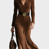 Robe midi façon western en suédine avec col et fente
