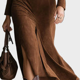 Robe midi façon western en suédine avec col et fente