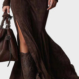 Adrianna - Robe maxi en suédine marron avec ceinture et fermeture éclair