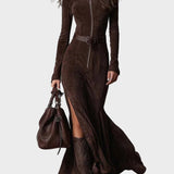 Adrianna - Robe maxi en suédine marron avec ceinture et fermeture éclair