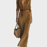 Robe maxi en suédine à simple boutonnage et col