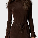 Robe midi élégante en suédine marron foncé à nouer