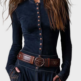 Helena - Robe maxi en suédine bleu marine avec ceinture