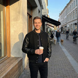 Blouson Bomber Homme Laine & Cuir – Élégance Raffinée