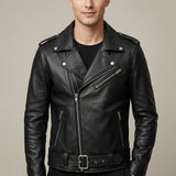 Veste Biker Homme en Cuir Vachette – Fermeture Asymétrique, Taille Ceinturée