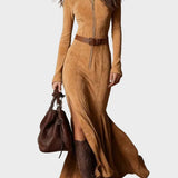 Adrianna - Robe maxi en suédine marron avec ceinture et fermeture éclair
